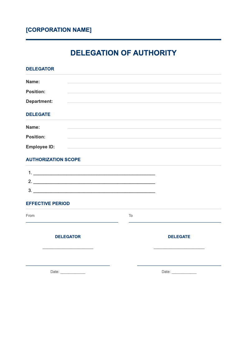 Corporate blue delegation of authority